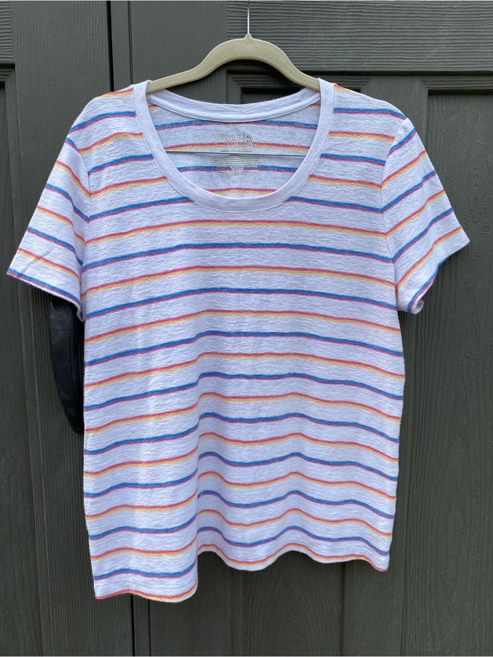 Time and Tru Short Sleeve Striped Tee - White with Blue & Orange Stripes size CL